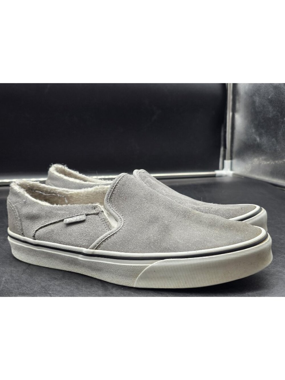 Vans Shoes Women Size 8.5 Gray Asher Suede Lined Slip On Sneakers Stained 721356